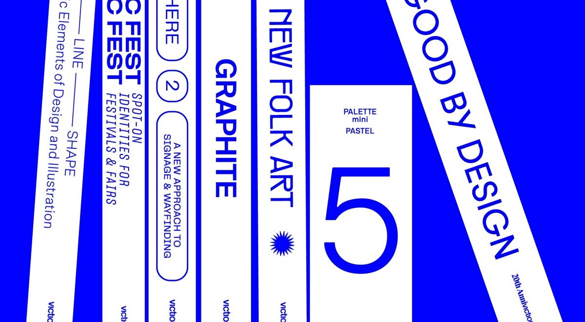 Tilted blue strips of event labels, a 5, and GOOD BY DESIGN