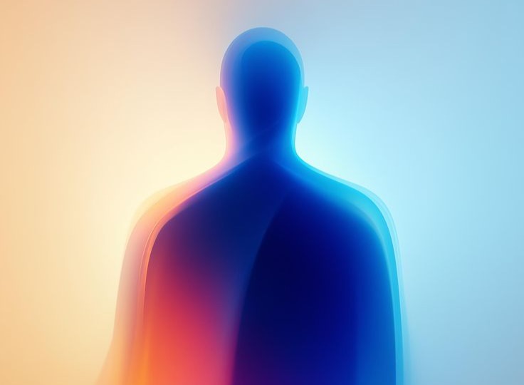 A faceless human silhouette dissolving into blue and orange light
