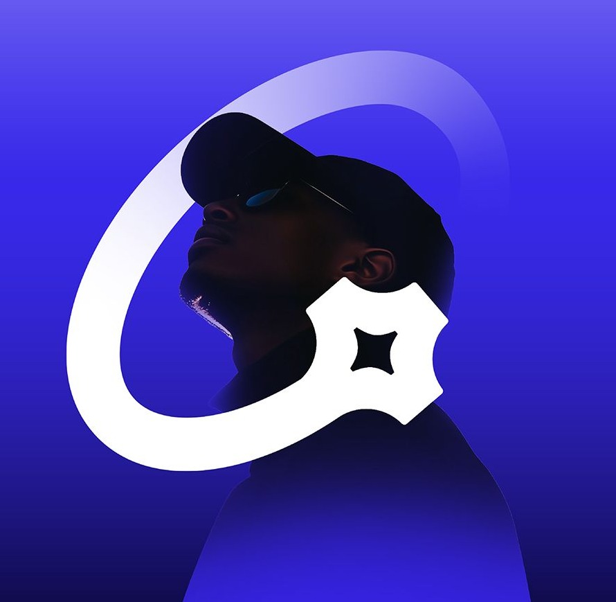 A face in a cap, eyes raised, with a loop and a sparkle around it