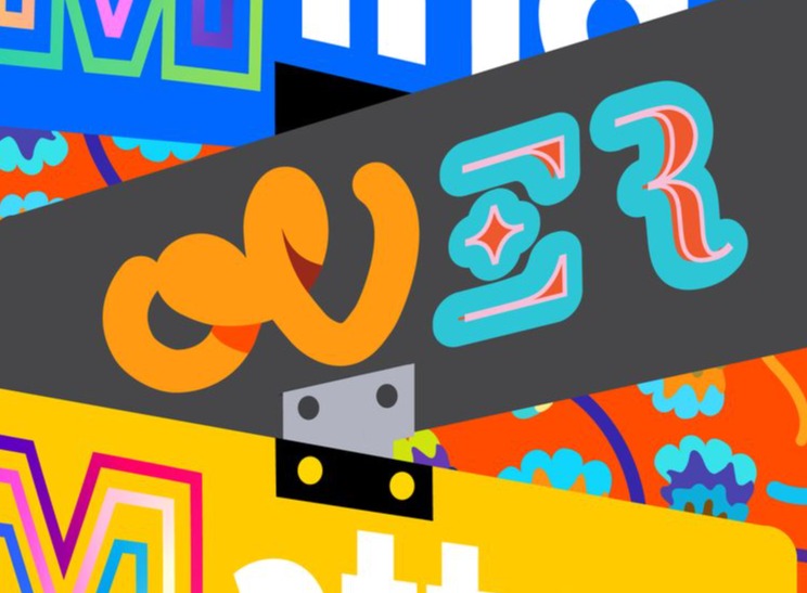 Clipped shop signs and lettering styles piled on top of each other