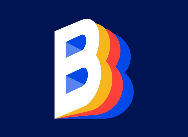 A chunky B in blue, yellow and red layers on navy
