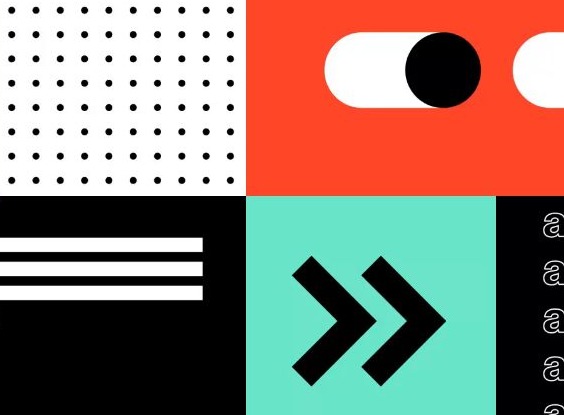 Dots, a toggle, stripes, chevrons and three a's in a tiled code