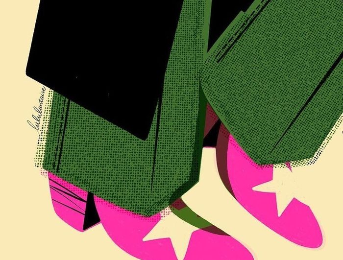 Screenprint textures, green tweed and hot-pink heels