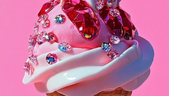 A pink ice-cream swirl set with candy gemstones