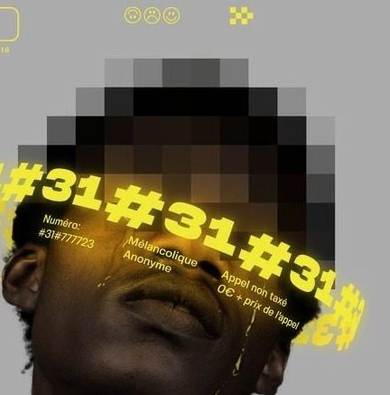 A face lost in pixels behind glowing yellow type