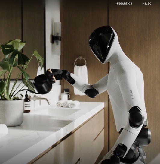 Figure humanoid watering a plant at a home sink