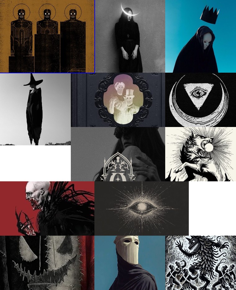 The thirteen images that sorted scary: three faceless robed figures, a woman under a crescent moon, a crowned mask, an eye in a triangle, a vampire, a stitched burlap face, a hooded figure in a ribbed mask