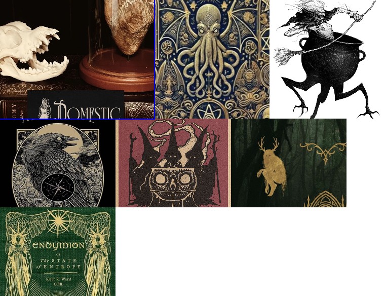 The seven images that sorted neither spooky nor scary: a skull under a glass dome, a gilded octopus, a witch on a walking cauldron, a raven with a compass, a skull in a wizard hat, a gold stag in a dark forest, an art-nouveau book cover