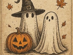 Two sheet ghosts, one in a witch hat, beside a jack-o'-lantern on parchment