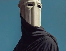 A hooded figure in a ribbed beige mask against a flat blue sky