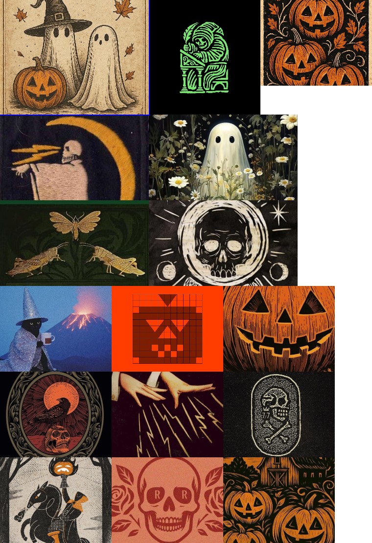 The sixteen images that sorted spooky: linocut pumpkins, ghosts in a meadow, a skeleton on the moon, a cat wizard, a raven in an oval frame