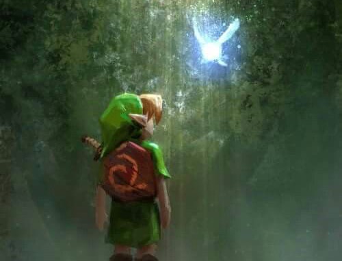 Young Link standing before the Deku Tree with Navi glowing ahead
