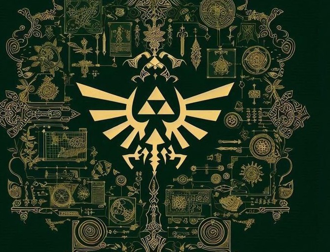 Elaborate Hyrule crest, gold on dark green