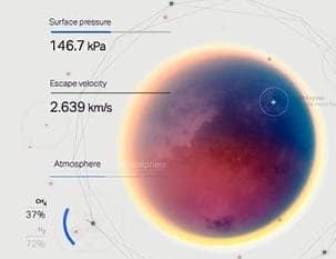 Planet infographic with surface pressure and escape velocity printed beside it