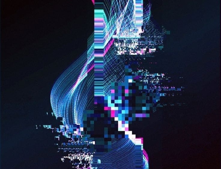 Glitch data art, a figure dissolving into pixel noise