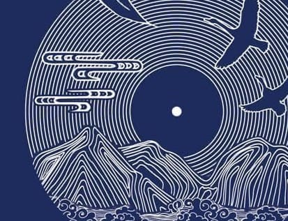 Navy illustration of waves and birds around a record