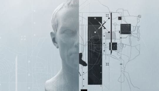 Humanoid figure with technical dimension lines, partly obscured