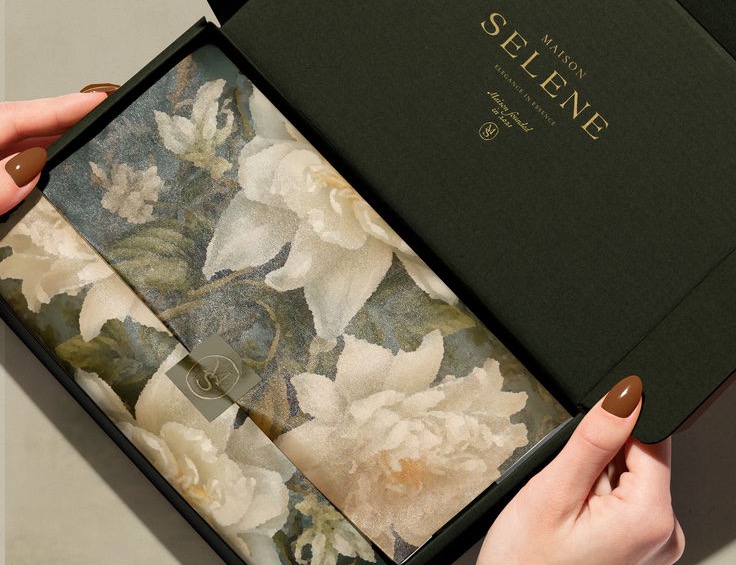 Maison Selene deep green box with painted floral packaging held in two hands