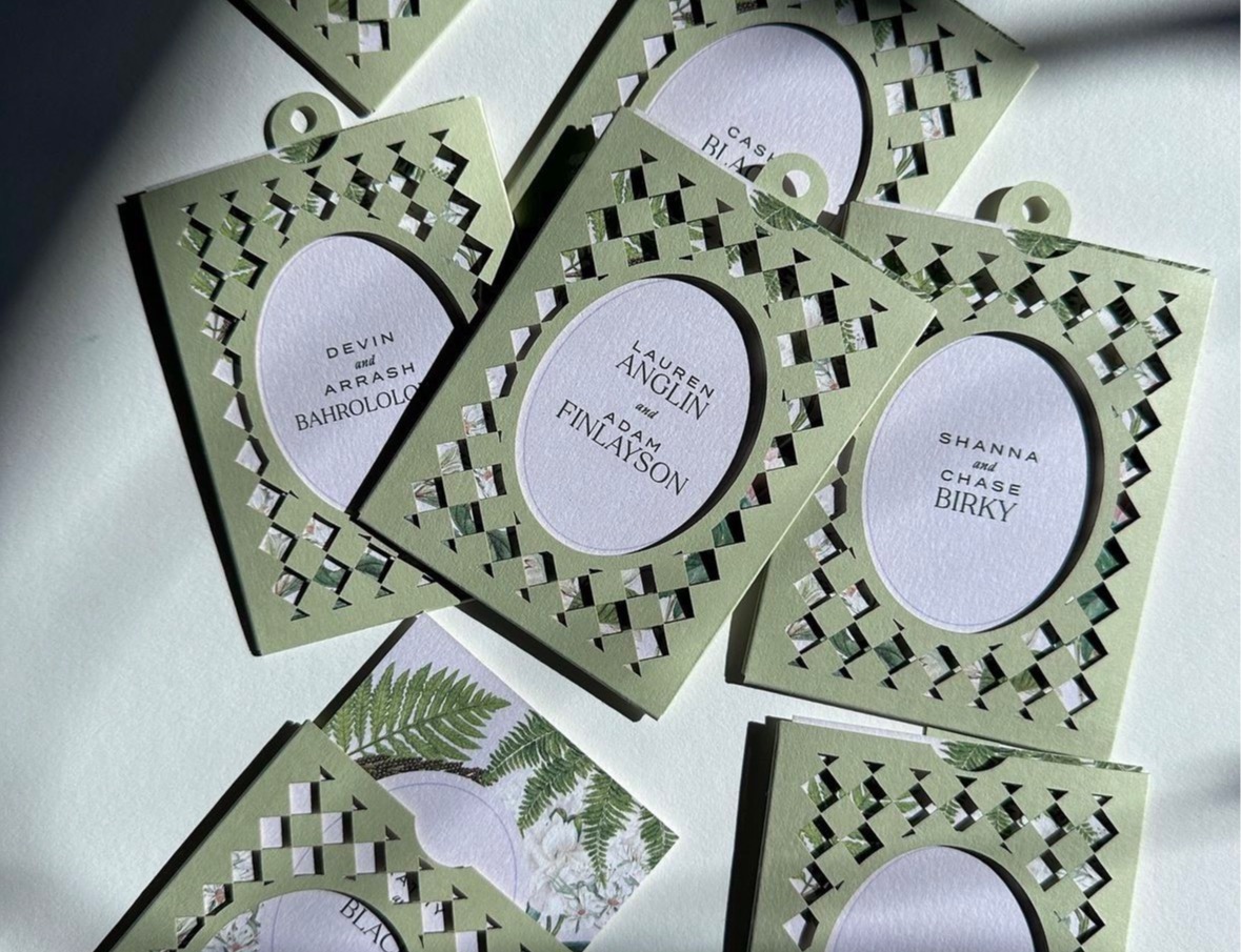 Wedding invitations with calligraphic name pairs and cutout frames