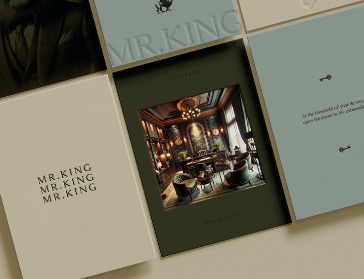 Mr King hotel branding across multiple cards with an interior photograph