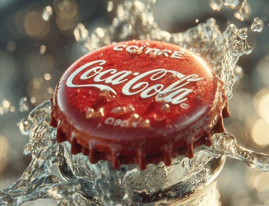 Coca-Cola bottle cap hit by a water splash, macro