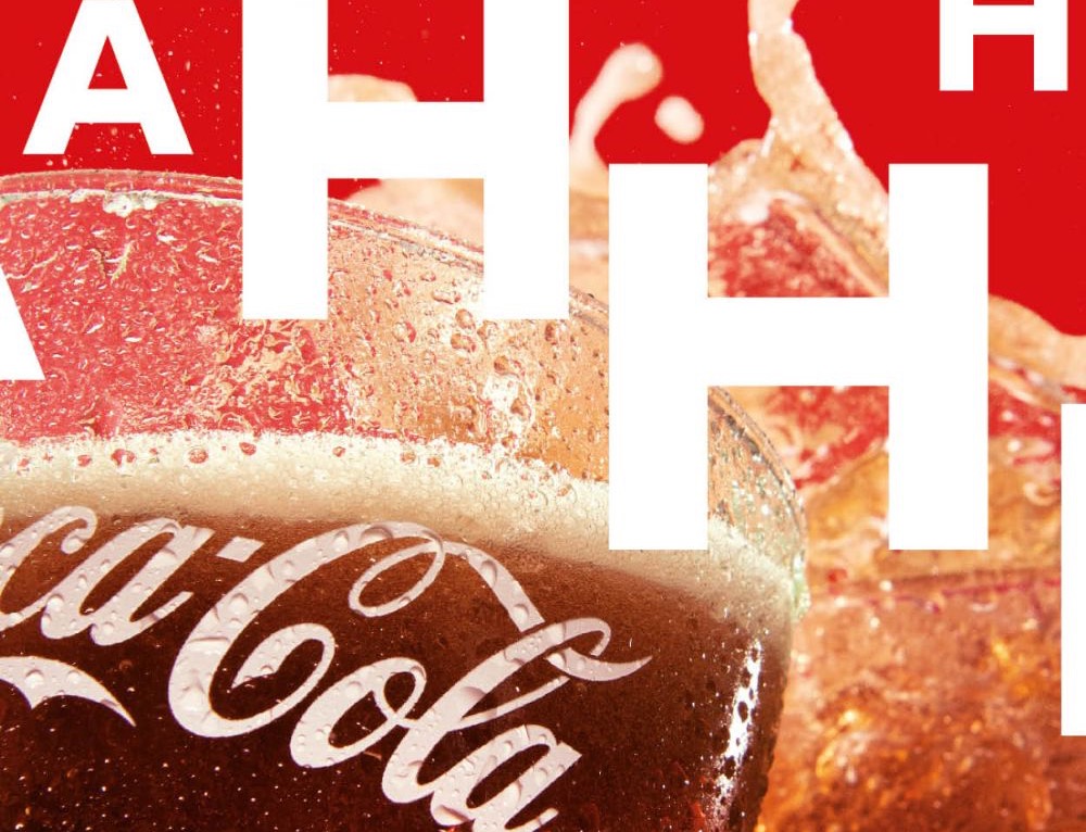 AHHH campaign: bold type over an ice-filled Coke glass on red