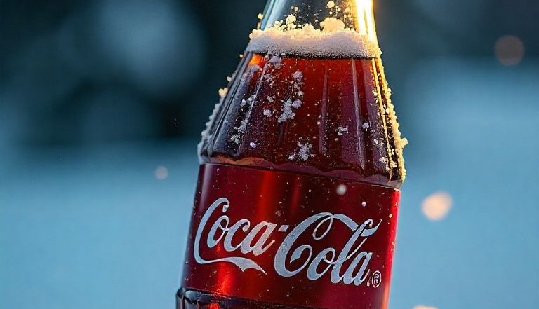 Glass bottle in snow with ice crystals on the cap