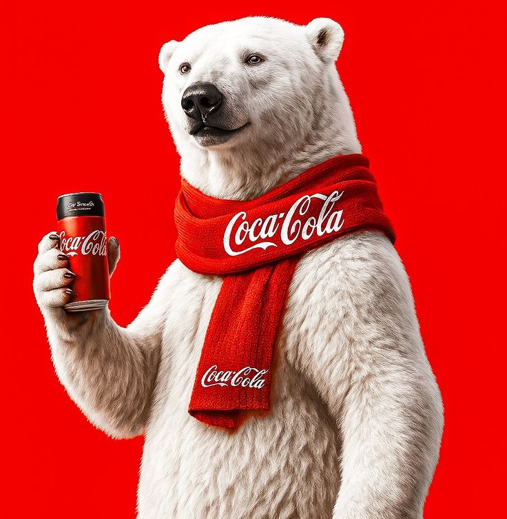 Photorealistic AI polar bear in a Coca-Cola scarf holding a can