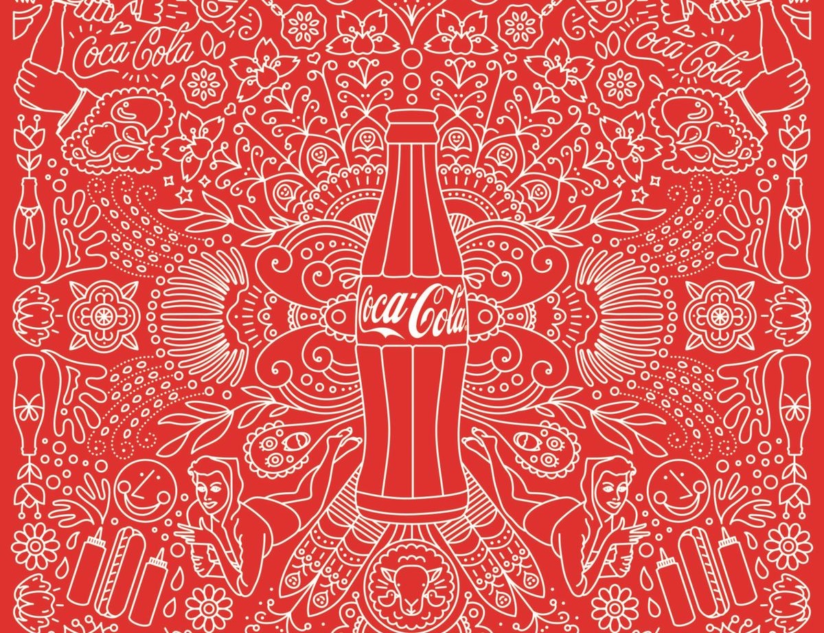 Dense red folk-art illustration of a Coke bottle with decorative motifs