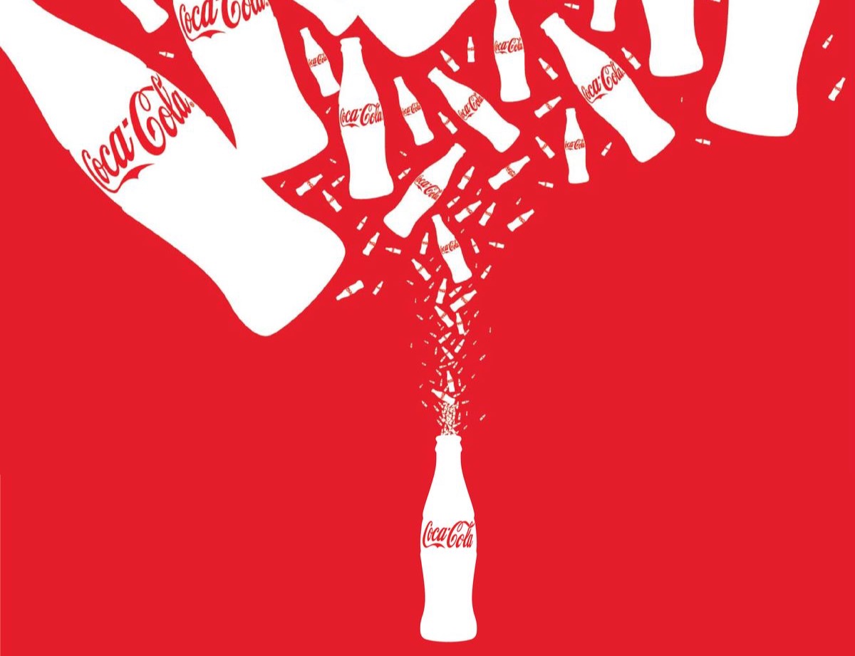 White bottle silhouettes multiplying across a red field