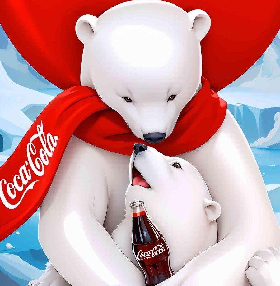 Two CGI polar bears hugging, one holding a Coke bottle