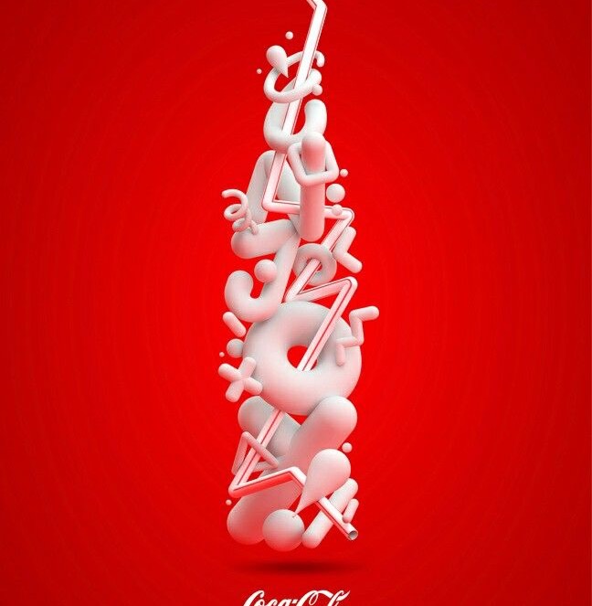 Abstract 3D type sculpture in the shape of a Coke bottle on red