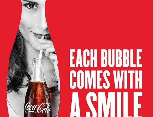 Black and white woman drinking through a straw, masked into a bottle silhouette on red