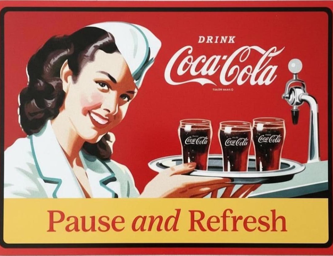 Vintage illustration of a soda-fountain waitress presenting glasses of Coke