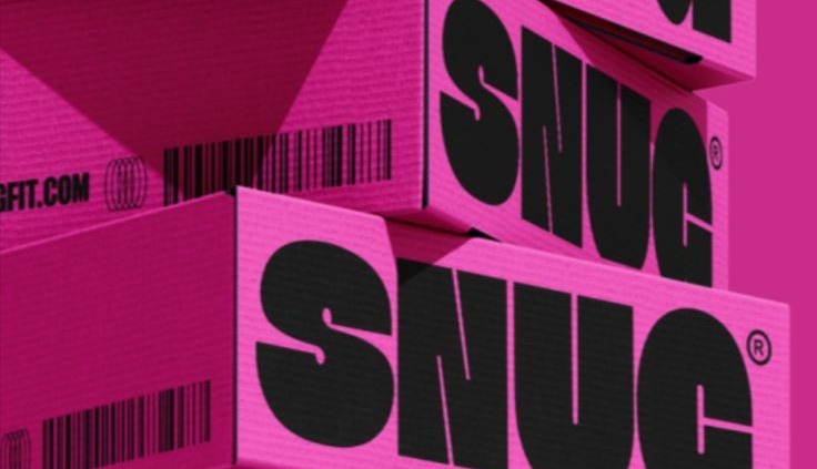 SNUG in black block letters on hot pink boxes