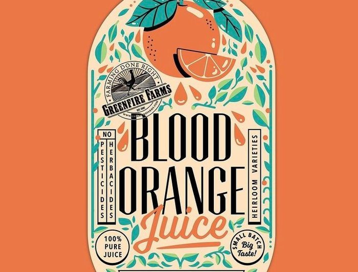 A folk-botanical bottle label on an orange field