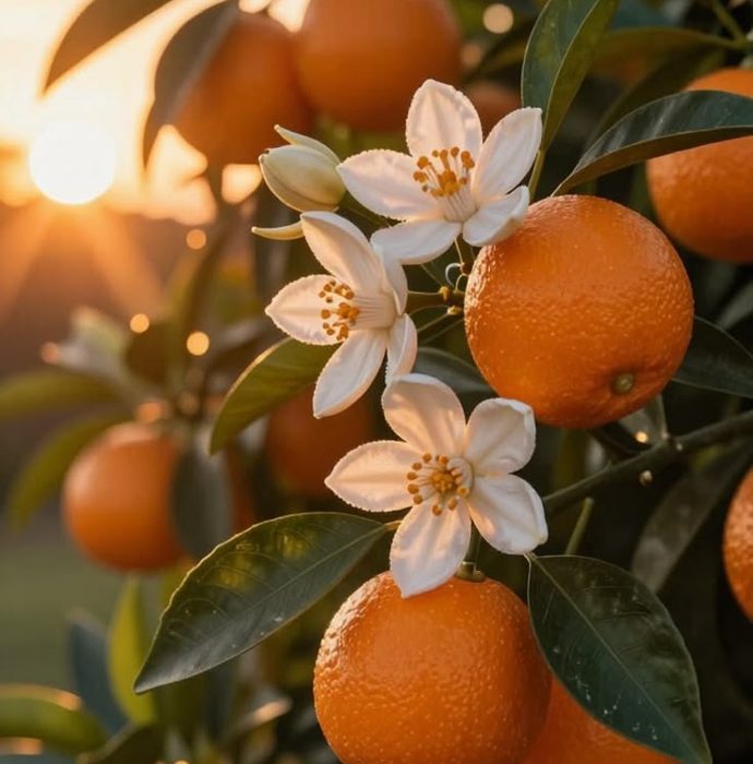 Orange blossoms and fruit still on the tree, backlit