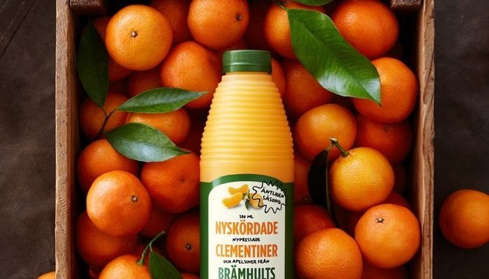 A juice bottle tucked into a wooden crate of fresh clementines