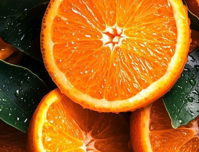 Macro cut fruit, droplets still on the flesh, leaves attached