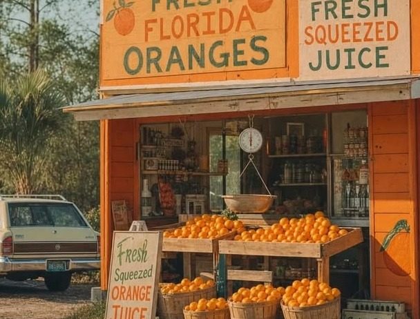 A roadside stall with hand-lettered boards and baskets of fruit