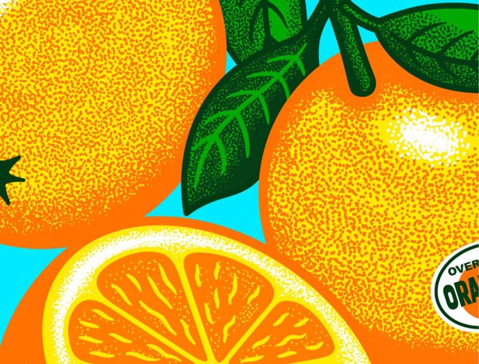 Screenprint fruit with thick outlines on turquoise