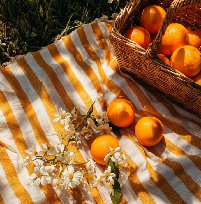 Striped blanket, blossom sprigs, straw basket in warm light