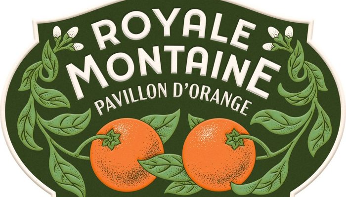 Engraved oranges and a botanical wreath on a deep green crest